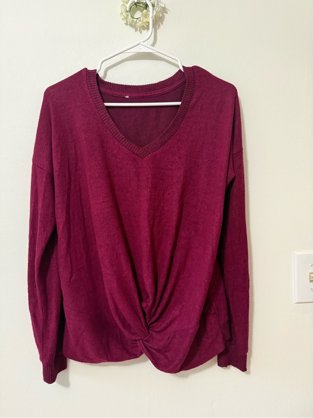 Twist-Front V-Neck Sweater Hoodie - Wine